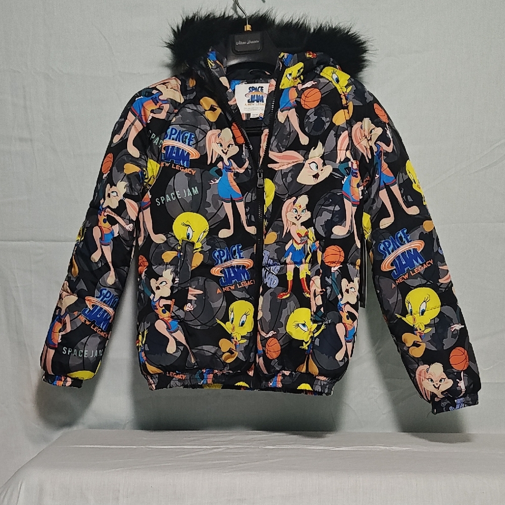 Space Jam Cartoon Print Jacket with Fur Hood